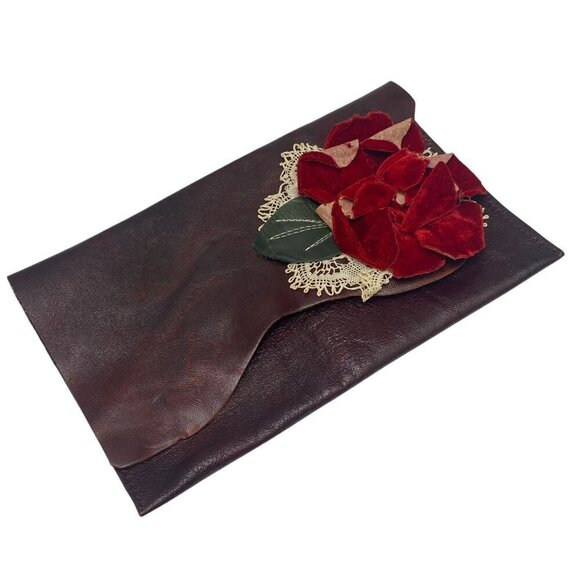 Artisan Bag by Urban Heirlooms Brown Leather Velvet Lace Red Rose Accent Clutch - Picture 2 of 10